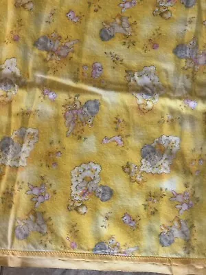 Vintage Cotton Flannel Baby Blanket Satin Border Yellow Dog Bear Bunny Squirrel • $34.99