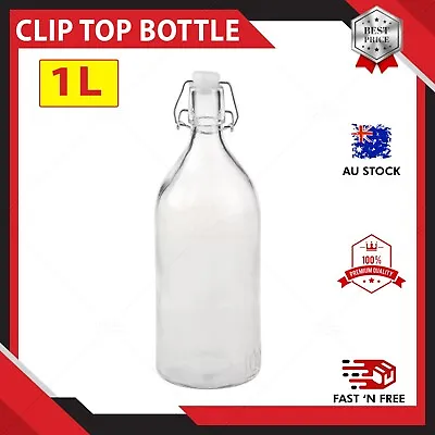 1000ml Clip Top Water Bottle 1 Litre Round Glass Bottle Flip Top Glass Bottles • $2.10