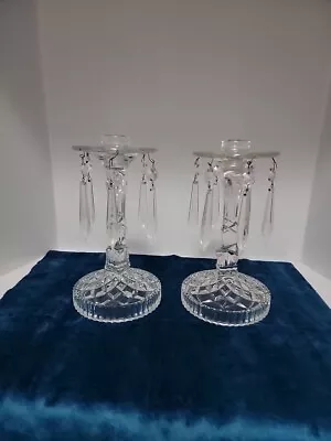 2 Vintage Art Deco Glass Candle Holders 12 Crystal Prisms Ornate 8.5” 1920s • $9.99