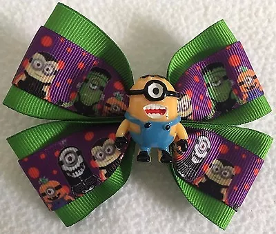 Girls Hair Bow 4  Wide Minions Halloween Monsters Green Ribbon Alligator Clip • $6.99