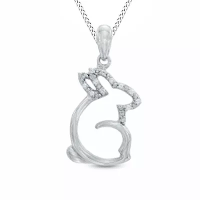 Natural Diamond Accent Sterling Silver Sitting Rabbit Pendant 18  Chain • $64.39