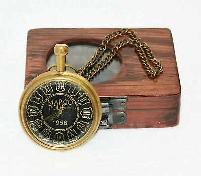 Antique Vintage Maritime Marco Polo Black Dial Brass Pocket Watch W/ Wooden Box • $24.26