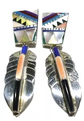 Zuni Native American Sterling Multi Stone Inlay Drop Stud Earrings 3” • $249