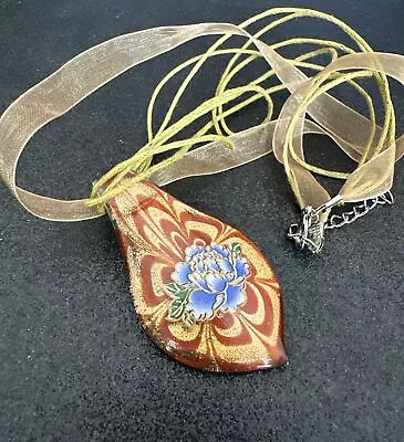 MY VINTAGE MOM’S Copper & Purple FLORAL DICHROIC Glass PENDANT Ribbon Necklace • $5.99