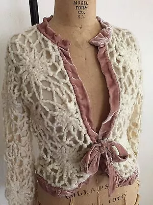 Ivory Open Crochet Wool Rose Crushed Velvet Collar MOTH Tie Front Cardigan S NWT • $59.99
