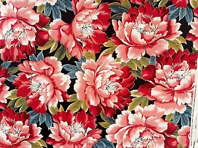 Vintage Cotton Quilt Fabric Floral Sakura Red Rooster Gold Metallic By 1/2 Yard • $10