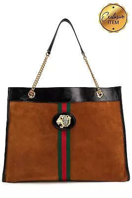 £390 • Buy RRP€2313 GUCCI RAJAH Suede Leather Tote Bag Large Crystals Tiger Head Web Stripe