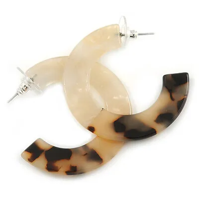 £10.99 • Buy 40mm Acrylic Half Hoop Earrings  Silver Tone Closure/Tortoise Shell Effect Beige
