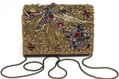 New Marchesa Sm Phoebe Gold Leather Embroidery Sequin Clutch Bag • $998