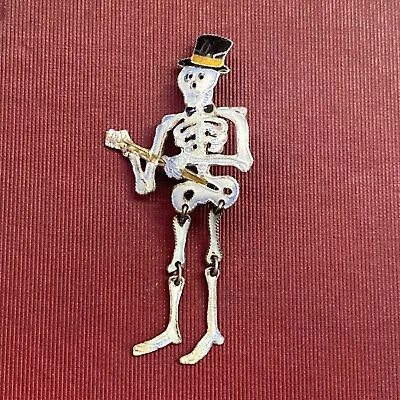 Vintage Zarah Sterling Silver Halloween Enamel Skeleton Brooch • $41.99
