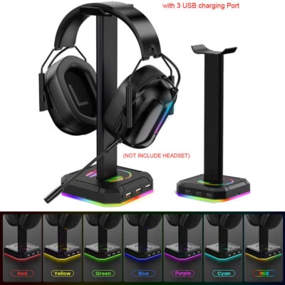 $37.88 • Buy RGB Gaming Headphone Stand Headset Hanger Holder Rack Desktop W/ 3 USB Charging
