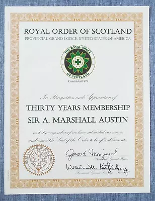 Royal Order Of Scotland USA 30 Years Membership Certificate Grand Lodge • $24.99