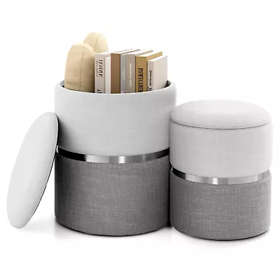 Linen Fabric Storage Ottoman Modern Round Ottoman Foot Stool W/Storage Bedroom • $95.95