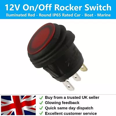 12V Rocker Switch On/Off Round Waterproof (IP65) Car Boat Marine Illuminated Red • £4.95