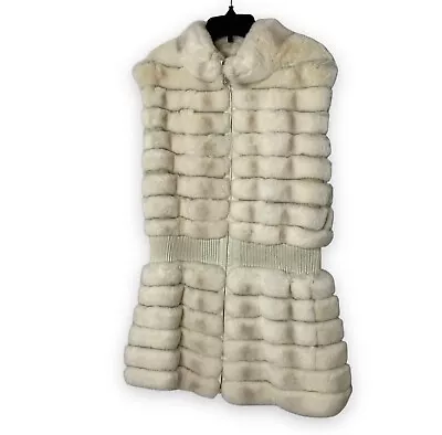 Peri Luxe Shirred Rabbit Fur Vest Cream Sz S Defined Knit Waist Pockets • $225