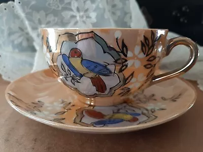  Iridescent Tea Cup Saucer Set Occupied Japan Vintage Blue Bird Floral WWII • $4.25