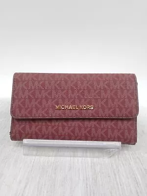 Michael Kors Signature Maroon/Tan Coated Canvas Trifold Wallet Handbag Purse • $19.99