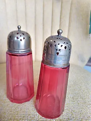 2 X Antique Cranberry Glass Sugar Shakers 15cm High X 6cm Dia EPNS Silver Top • $17.26