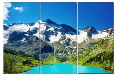 Snowy Mountains View Of Glacial Lake & Fields 12  X 24  3 Piece Canvas Print Set • $79.95