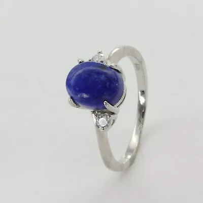 Size 7 - BLUE LAPIS LAZULI Ring 925 STERLING SILVER With 2 CZs - Rhodium #111e • $31.47