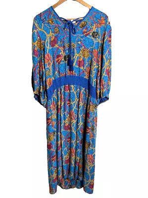 VTG 80s Diane Freis Georgette Long Sleeve Maxi Midi Dress Blue Gold Chain Print • $49.99