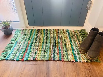 Green Chindi Rug - Recycled Cotton Indian Sustainable Boho Hippie Fairtrade • £17.95