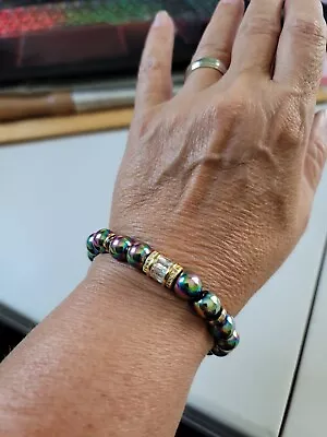 Chameleon Rainbow Hematite Beaded Bracelet Gold Crystal Barrel • $10.18