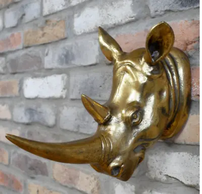 Rhino Wall Head Art Antique Gold Resin Mounted Animal Sculpture Ornament • £28.99