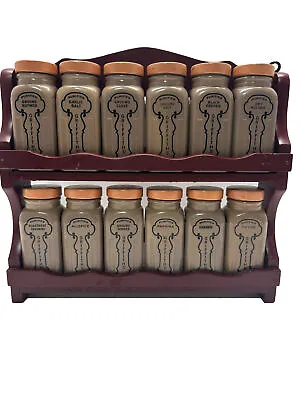 Vintage RED Wooden Spice Rack Shelf & 12 Original Griffith Brown Milk Glass Jars • $45.60