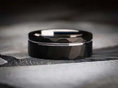 8mm Black Hammered Tungsten Ring Silver Strip Mens Wedding Band • $162.18