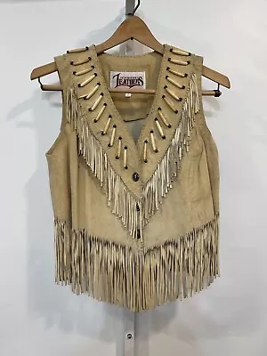 VTG RARE Leather Vest Native Beaded Fringe Western Cowgirl Made In USA Fits S/M • $115