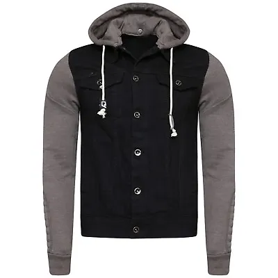 Mens Hooded Cotton Jeans Denim Jacket With Sweatshirt Sleeves & Hood Size S-4XL  • £22.99