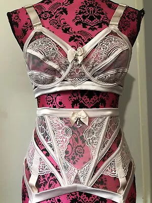 $195 • Buy Honey Birdette Set 3 Piece Bra 12B Waspie Garter Belt S G String M Pale Pink