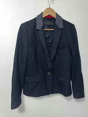 ZARA Blue Wool Sports 100% LAMBSWOOL Hacking Jacket Blazer Elbow Patches Eu L • £39.99