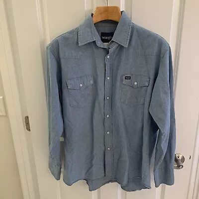 Vintage Wrangler Pearl Snap Men XL Chambray Western Shirt LS Cowboy Roper • $26.77