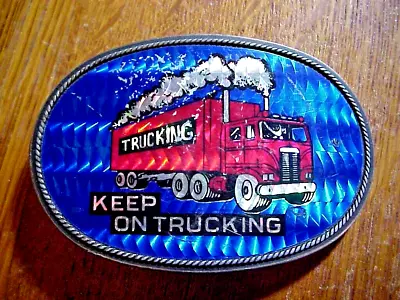 KEEP ON TRUCKING French Enameled BRONZE BELT BUCKLE By Payan Lendo Tijuanna Mex. • $6.50