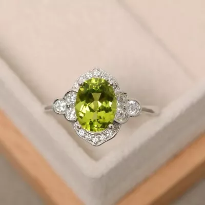 1.80  Ct Oval Natural Peridot Diamond  Ring 14K Solid White Gold Size 7 • $431