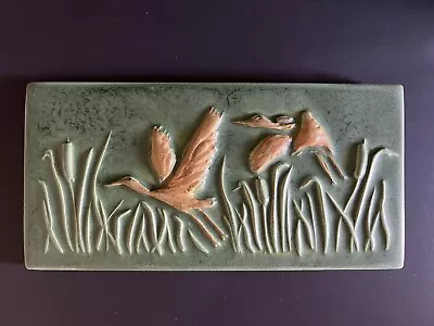 Prairie Art Pottery Tile  XL 8 1/2  X 4 1/4  Flying Birds Artist Signed Mint Vtg • $98