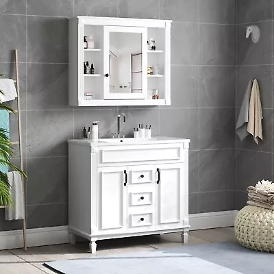 36'' Bathroom Vanity With Top Sink & Mirrorred Wall Mount Cabinet White • $759