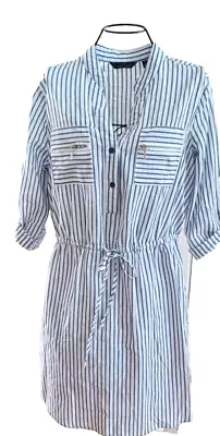 NWOT Mlle Gabrielle Striped Cotton Shirt Dress Drawstring Pockets 3/4 Sleeve M • $19.95