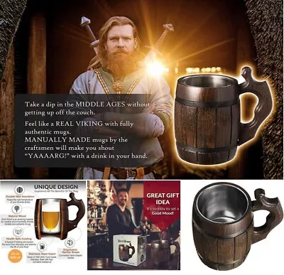 Wooden Viking Beer Mug Handmade Wood Stainless Steel Cup Stein Gift Christmas AU • $94.51