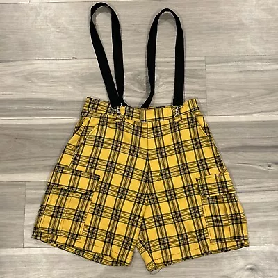 HotTopic Shorts Womens W28” Medium Yellow Plaid Cargo Suspender Bermuda HighRise • $18.99