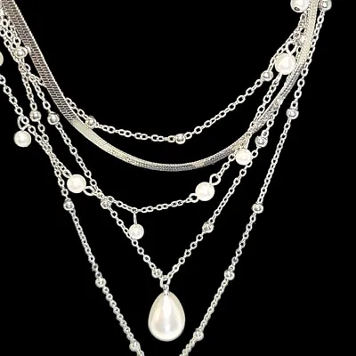 Multi-strand Faux Pearl & Silver Tone Snake Chain Choker Necklace 14 -16  • $7.20