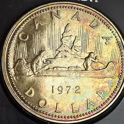 Natural Rainbow Toner 1972 Canada Voyageur Silver Dollar.  Beautiful Toned Coin • $29.99