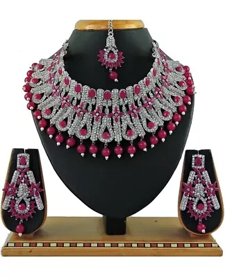 Ruby Pearl Stud Indian Sliver Plated Jewelry Necklace Earrings Mang Tika Choker • $43.99