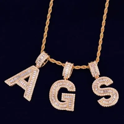 Mens 18k Gold Silver Rose Baguette Initials Letters Micro Pave Chain Necklaces • $35