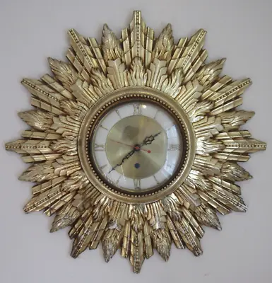 Vintage Starburst Sun Wall Clock AUTHENTIC 1960's USA Gold 8-day 19  WORKS VIDEO • $174.99