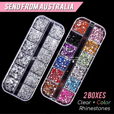 2 Boxes Clear + 12 Color Rhinestones Flatback Nail Art Gems 1.5mm 2mm 3mm 4316B • $13.99