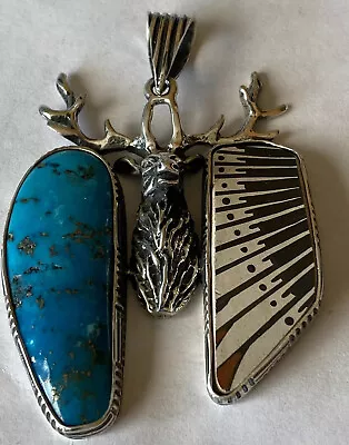 Signed Mexican Sterling Silver Turquoise Pottery Sherd Elk Pendant • $195