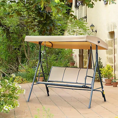 3 Seater Garden Swing Chair Patio Hammock Outdoor Bench Seat W/ Canopy Beige • £112.99